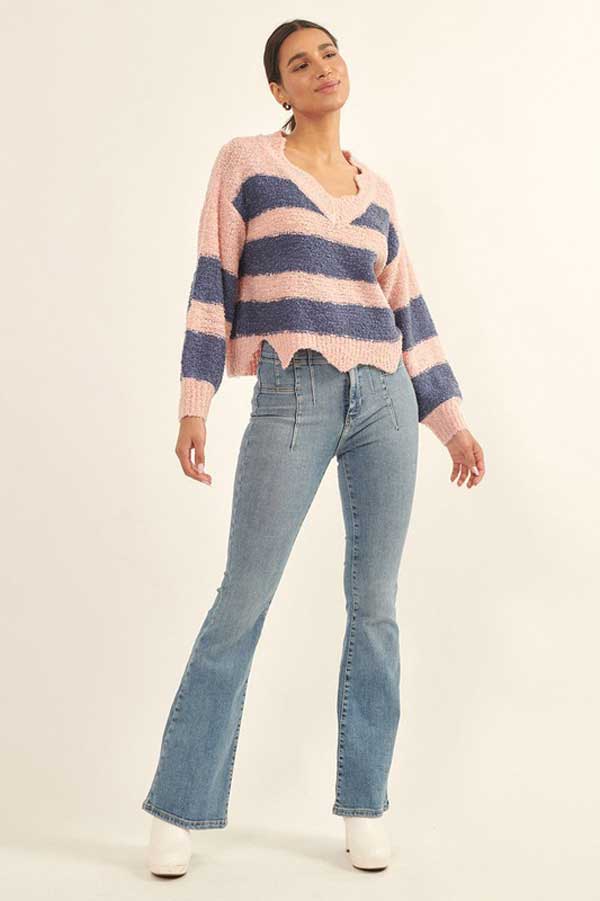 Rib Knit Striped Bishop Sleeve Sweater pink front | MILK MONEY milkmoney.co | cute sweaters for women. cute knit sweaters. cute pullover sweaters