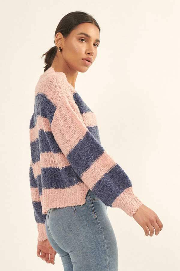 Rib Knit Striped Bishop Sleeve Sweater pink side front | MILK MONEY milkmoney.co | cute sweaters for women. cute knit sweaters. cute pullover sweaters