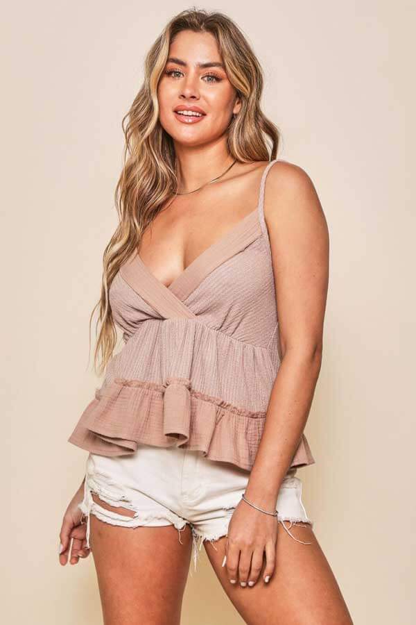 Ribbed Surplice Babydoll Top sand front | MILK MONEY milkmoney.co | cute clothes for women. womens online clothing. trendy online clothing stores. womens casual clothing online. trendy clothes online. trendy women's clothing online. ladies online clothing stores. trendy women's clothing stores. cute female clothes.