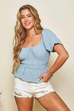 Ruched Peplum Top blue front | MILK MONEY milkmoney.co | cute clothes for women. womens online clothing. trendy online clothing stores. womens casual clothing online. trendy clothes online. trendy women's clothing online. ladies online clothing stores. trendy women's clothing stores. cute female clothes.