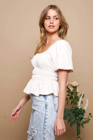 Ruched Peplum Top white side | MILK MONEY milkmoney.co | cute clothes for women. womens online clothing. trendy online clothing stores. womens casual clothing online. trendy clothes online. trendy women's clothing online. ladies online clothing stores. trendy women's clothing stores. cute female clothes.