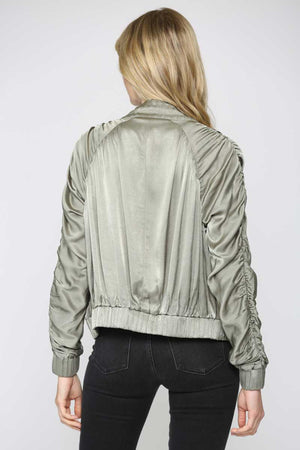 Ruched Sleeve Bomber Jacket sage back  | MILK MONEY milkmoney.co | cute clothes for women. womens online clothing. trendy online clothing stores. womens casual clothing online. trendy clothes online. trendy women's clothing online. ladies online clothing stores. trendy women's clothing stores. cute female clothes.