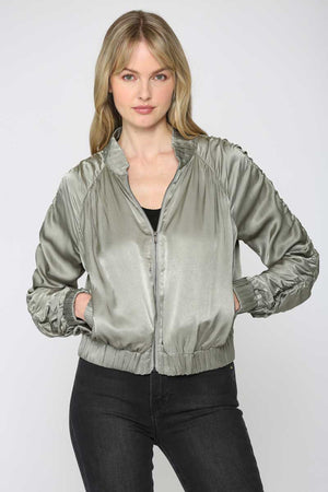 Ruched Sleeve Bomber Jacket sage front | MILK MONEY milkmoney.co | cute clothes for women. womens online clothing. trendy online clothing stores. womens casual clothing online. trendy clothes online. trendy women's clothing online. ladies online clothing stores. trendy women's clothing stores. cute female clothes.