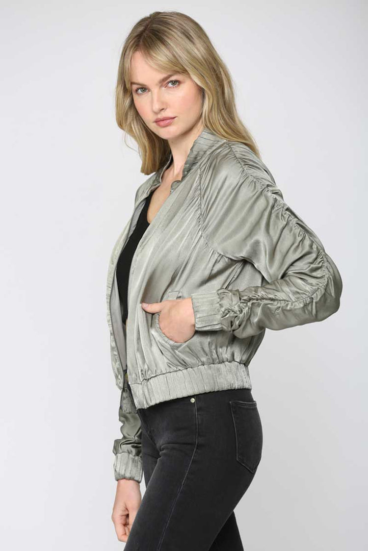 Ruched Sleeve Bomber Jacket sage side | MILK MONEY milkmoney.co | cute clothes for women. womens online clothing. trendy online clothing stores. womens casual clothing online. trendy clothes online. trendy women's clothing online. ladies online clothing stores. trendy women's clothing stores. cute female clothes.