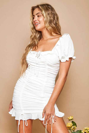Ruched Tie Bodycon Mini Dress white front | MILK MONEY milkmoney.co | cute clothes for women. womens online clothing. trendy online clothing stores. womens casual clothing online. trendy clothes online. trendy women's clothing online. ladies online clothing stores. trendy women's clothing stores. cute female clothes.