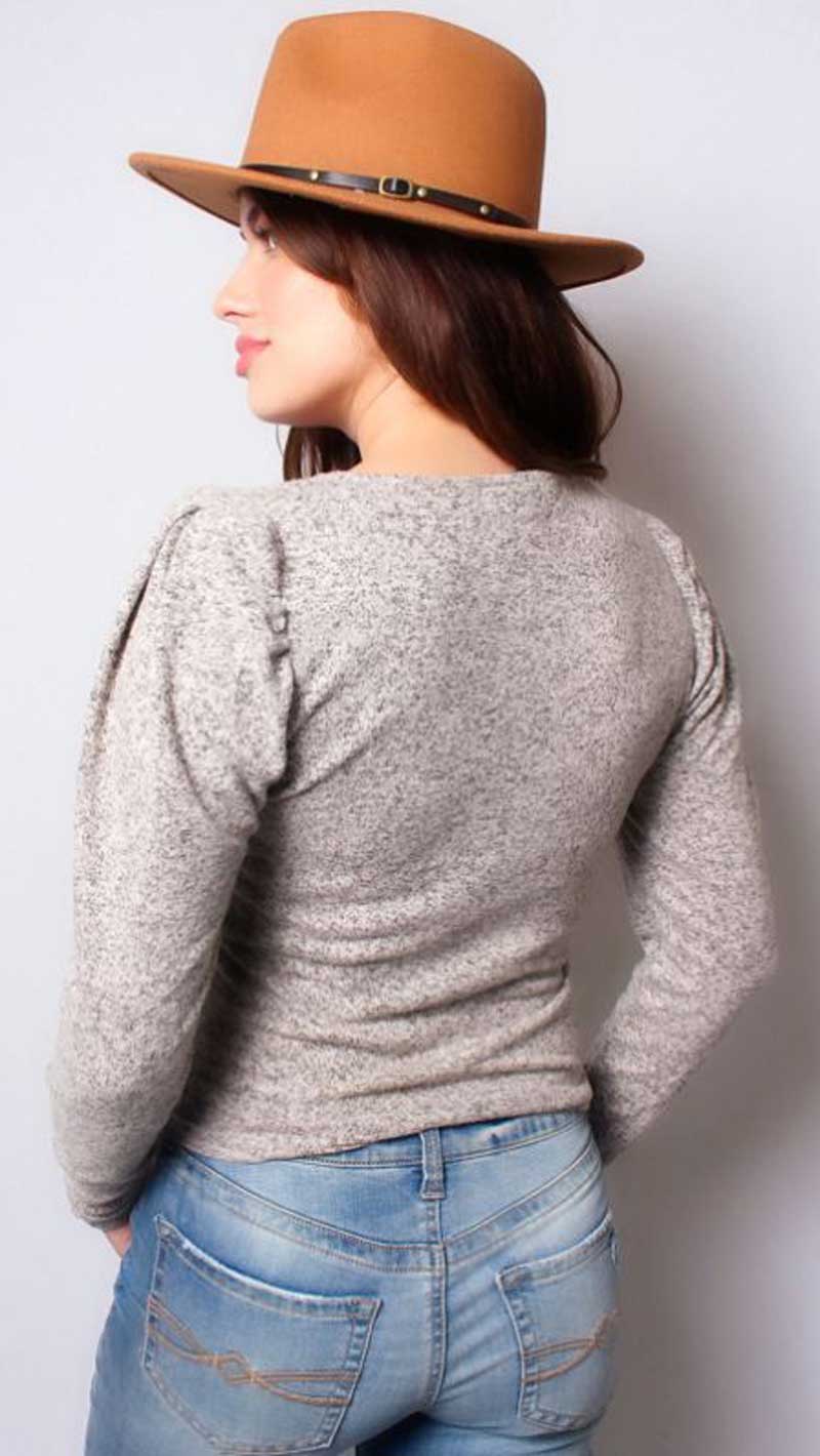 Ruched V Neck Long Sleeve Top grey back | MILK MONEY milkmoney.co | cute clothes for women. womens online clothing. trendy online clothing stores. womens casual clothing online. trendy clothes online. trendy women's clothing online. ladies online clothing stores. trendy women's clothing stores. cute female clothes.