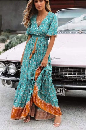 Ruffle Flowy Boho Maxi Dress green front | MILK MONEY milkmoney.co | cute clothes for women. womens online clothing. trendy online clothing stores. womens casual clothing online. trendy clothes online. trendy women's clothing online. ladies online clothing stores. trendy women's clothing stores. cute female clothes.