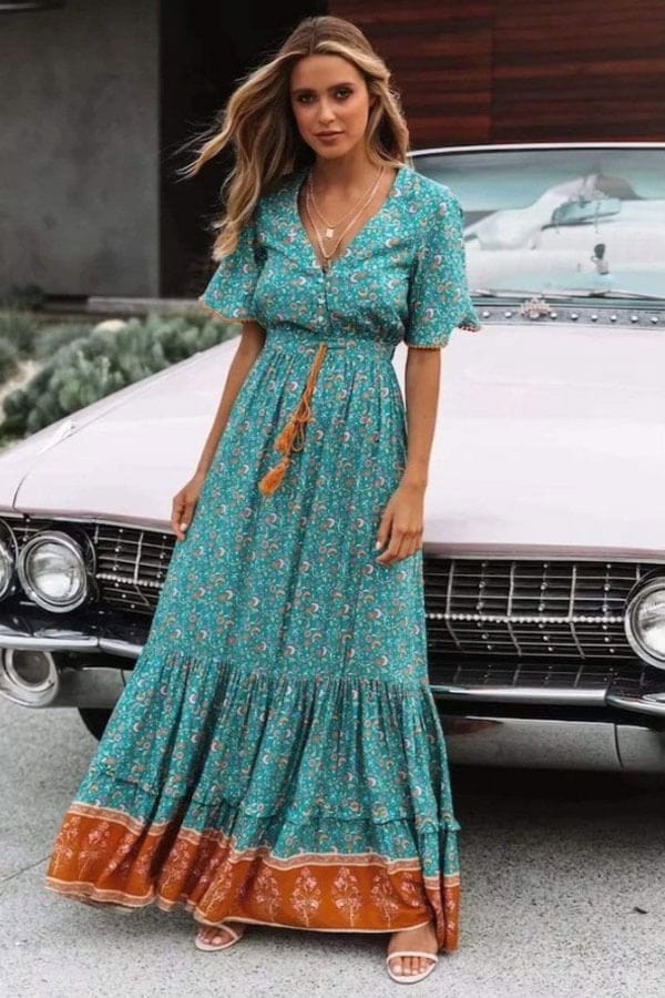 Ruffle Flowy Boho Maxi Dress green front | MILK MONEY milkmoney.co | cute clothes for women. womens online clothing. trendy online clothing stores. womens casual clothing online. trendy clothes online. trendy women's clothing online. ladies online clothing stores. trendy women's clothing stores. cute female clothes.