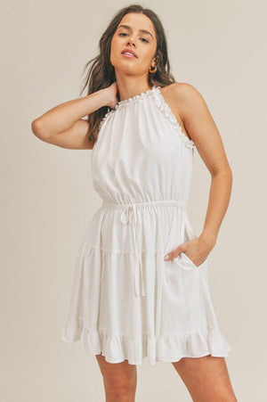 Ruffle Halter Neck Tiered Mini Dress white front | MILK MONEY milkmoney.co | cute clothes for women. womens online clothing. trendy online clothing stores. womens casual clothing online. trendy clothes online. trendy women's clothing online. ladies online clothing stores. trendy women's clothing stores. cute female clothes.
