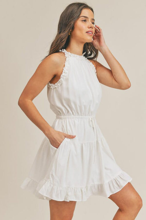 Ruffle Halter Neck Tiered Mini Dress white side | MILK MONEY milkmoney.co | cute clothes for women. womens online clothing. trendy online clothing stores. womens casual clothing online. trendy clothes online. trendy women's clothing online. ladies online clothing stores. trendy women's clothing stores. cute female clothes.