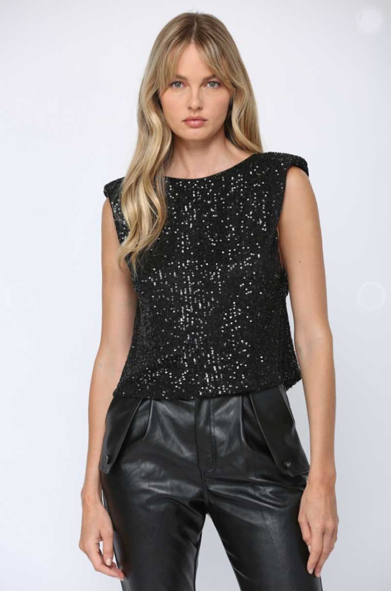 Sequin Padded Shoulder Top black front | MILK MONEY milkmoney.co | cute clothes for women. womens online clothing. trendy online clothing stores. womens casual clothing online. trendy clothes online. trendy women's clothing online. ladies online clothing stores. trendy women's clothing stores. cute female clothes.