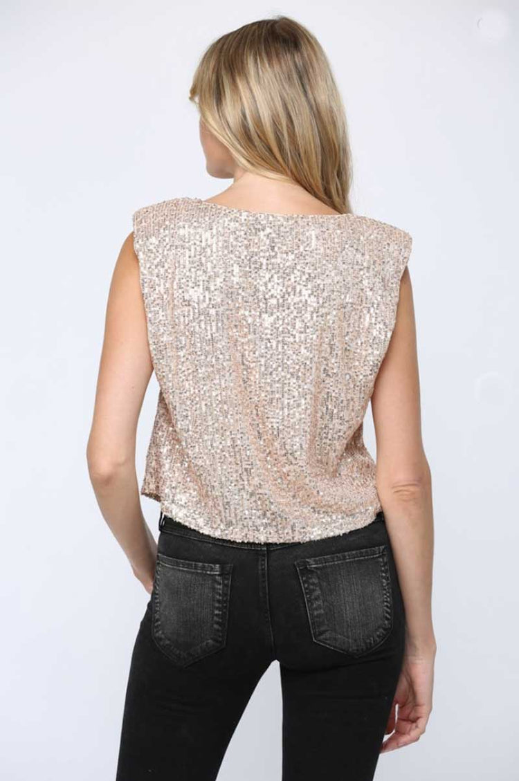 Sequin Padded Shoulder Top champagne back | MILK MONEY milkmoney.co | cute clothes for women. womens online clothing. trendy online clothing stores. womens casual clothing online. trendy clothes online. trendy women's clothing online. ladies online clothing stores. trendy women's clothing stores. cute female clothes.