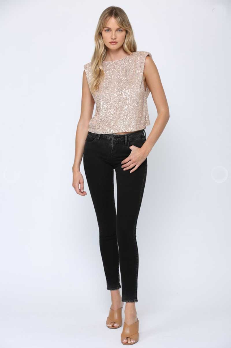 Sequin Padded Shoulder Top champagne front | MILK MONEY milkmoney.co | cute clothes for women. womens online clothing. trendy online clothing stores. womens casual clothing online. trendy clothes online. trendy women's clothing online. ladies online clothing stores. trendy women's clothing stores. cute female clothes.