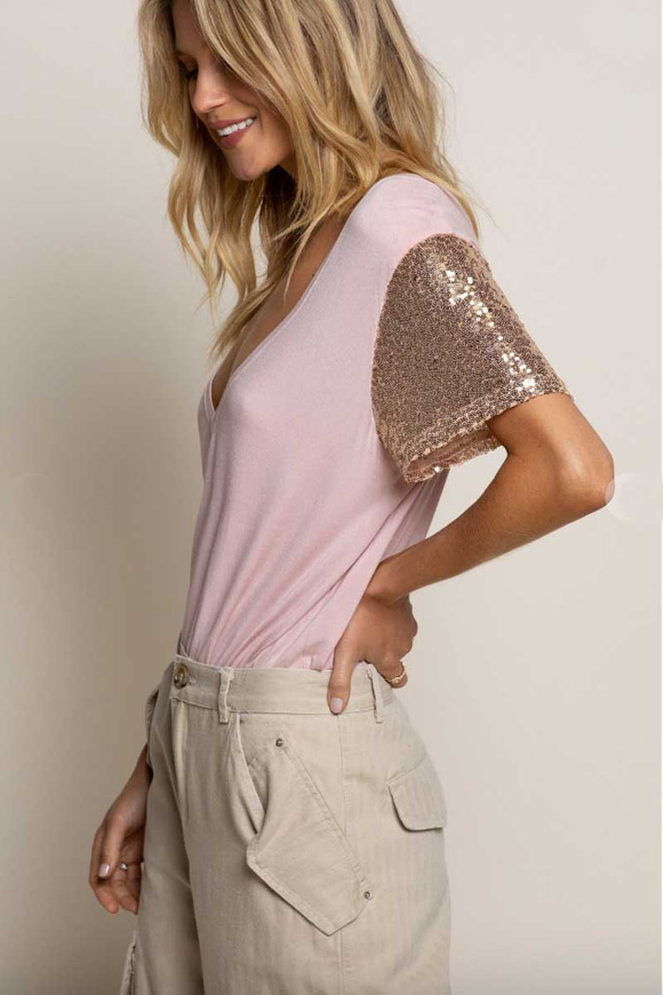 Sequin Sleeve Deep V Tee pink side | MILK MONEY milkmoney.co | cute clothes for women. womens online clothing. trendy online clothing stores. womens casual clothing online. trendy clothes online. trendy women's clothing online. ladies online clothing stores. trendy women's clothing stores. cute female clothes.