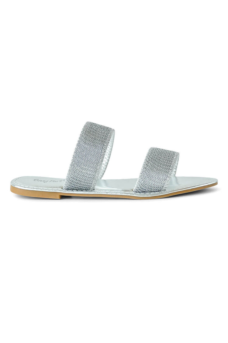 Metallic Double Strap Sandals silver side | MILK MONEY milkmoney.co | cute sandals for women. cute slides for women. trendy womens sandals. women sandals online. pretty sandals for women. cute slides womens.