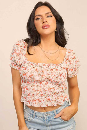 Smocked Floral Print Top white front | MILK MONEY milkmoney.co | cute tops for women. trendy tops for women. cute blouses for women. stylish tops for women. pretty womens tops. 