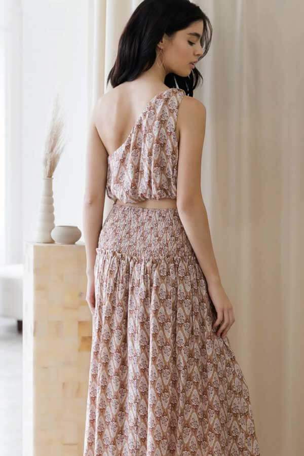 Smocked Waist Floral Print Maxi Skirt