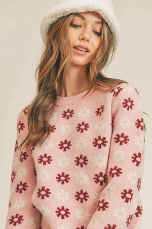 Snowflake Print Crew Neck Sweater pink front | MILK MONEY milkmoney.co | cute clothes for women. womens online clothing. trendy online clothing stores. womens casual clothing online. trendy clothes online. trendy women's clothing online. ladies online clothing stores. trendy women's clothing stores. cute female clothes.