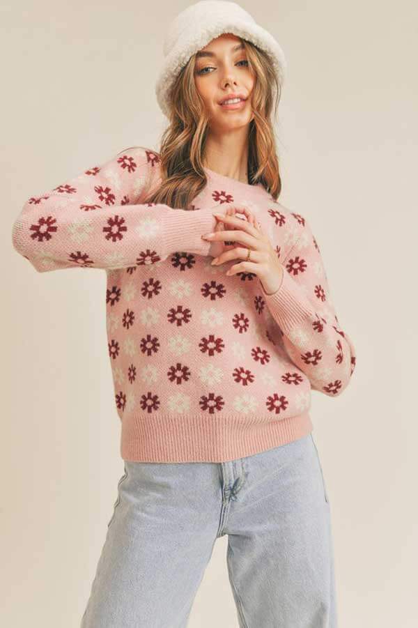 Snowflake Print Crew Neck Sweater pink front | MILK MONEY milkmoney.co | cute clothes for women. womens online clothing. trendy online clothing stores. womens casual clothing online. trendy clothes online. trendy women's clothing online. ladies online clothing stores. trendy women's clothing stores. cute female clothes.