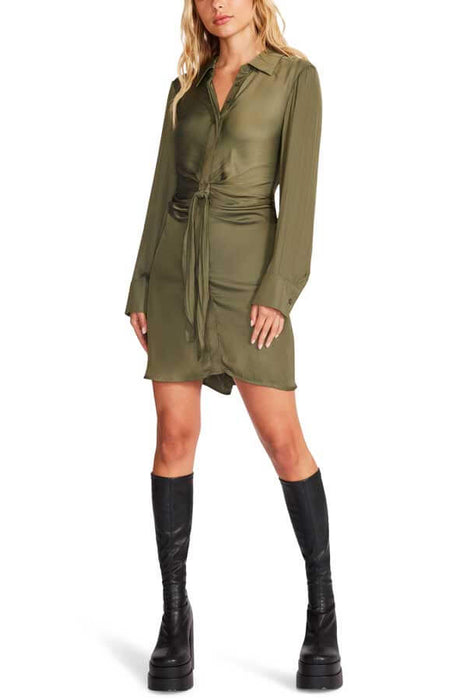 Steve Madden Tie Curious Dress olive front | MILK MONEY milkmoney.co | cute clothes for women. womens online clothing. trendy online clothing stores. womens casual clothing online. trendy clothes online. trendy women's clothing online. ladies online clothing stores. trendy women's clothing stores. cute female clothes.