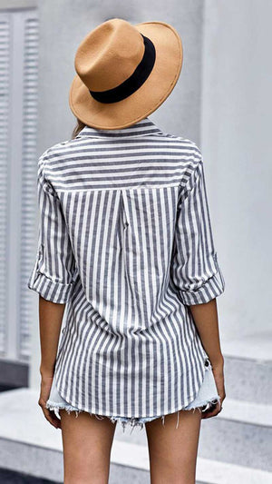 Striped Button Front Tunic Top grey back | MILK MONEY milkmoney.co | cute clothes for women. womens online clothing. trendy online clothing stores. womens casual clothing online. trendy clothes online. trendy women's clothing online. ladies online clothing stores. trendy women's clothing stores. cute female clothes.