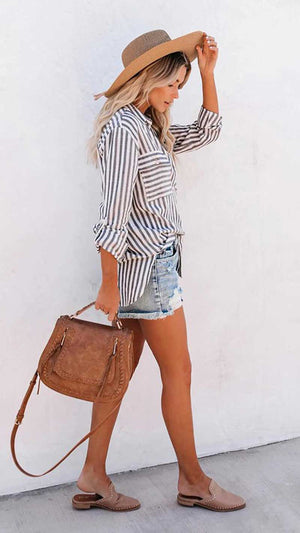 Striped Button Front Tunic Top grey side | MILK MONEY milkmoney.co | cute clothes for women. womens online clothing. trendy online clothing stores. womens casual clothing online. trendy clothes online. trendy women's clothing online. ladies online clothing stores. trendy women's clothing stores. cute female clothes.