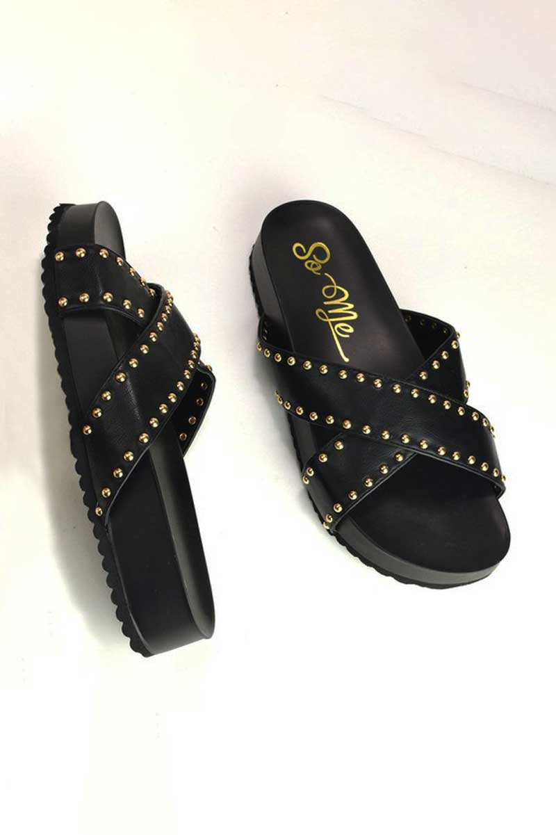 Studded Criss Cross Sandals black front | MILK MONEY milkmoney.co | cute sandals for women. cute slides for women. trendy womens sandals. women sandals online. pretty sandals for women. cute slides womens.