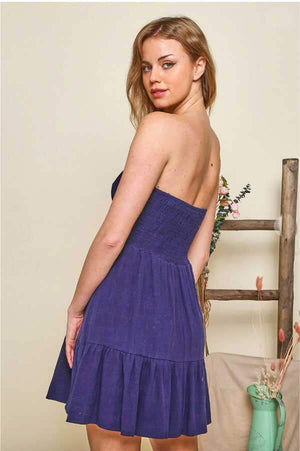 Tiered Strapless Mini Dress blue back | MILK MONEY milkmoney.co | cute clothes for women. womens online clothing. trendy online clothing stores. womens casual clothing online. trendy clothes online. trendy women's clothing online. ladies online clothing stores. trendy women's clothing stores. cute female clothes.