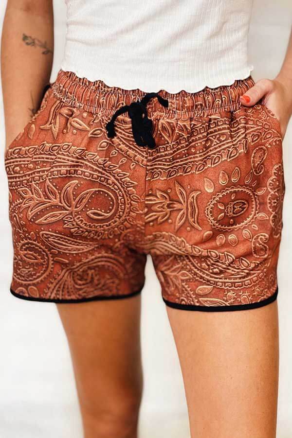 Tribal Print Drawstring Mid Waist Shorts brown front | MILK MONEY milkmoney.co | cute clothes for women. womens online clothing. trendy online clothing stores. womens casual clothing online. trendy clothes online. trendy women's clothing online. ladies online clothing stores. trendy women's clothing stores. cute female clothes.