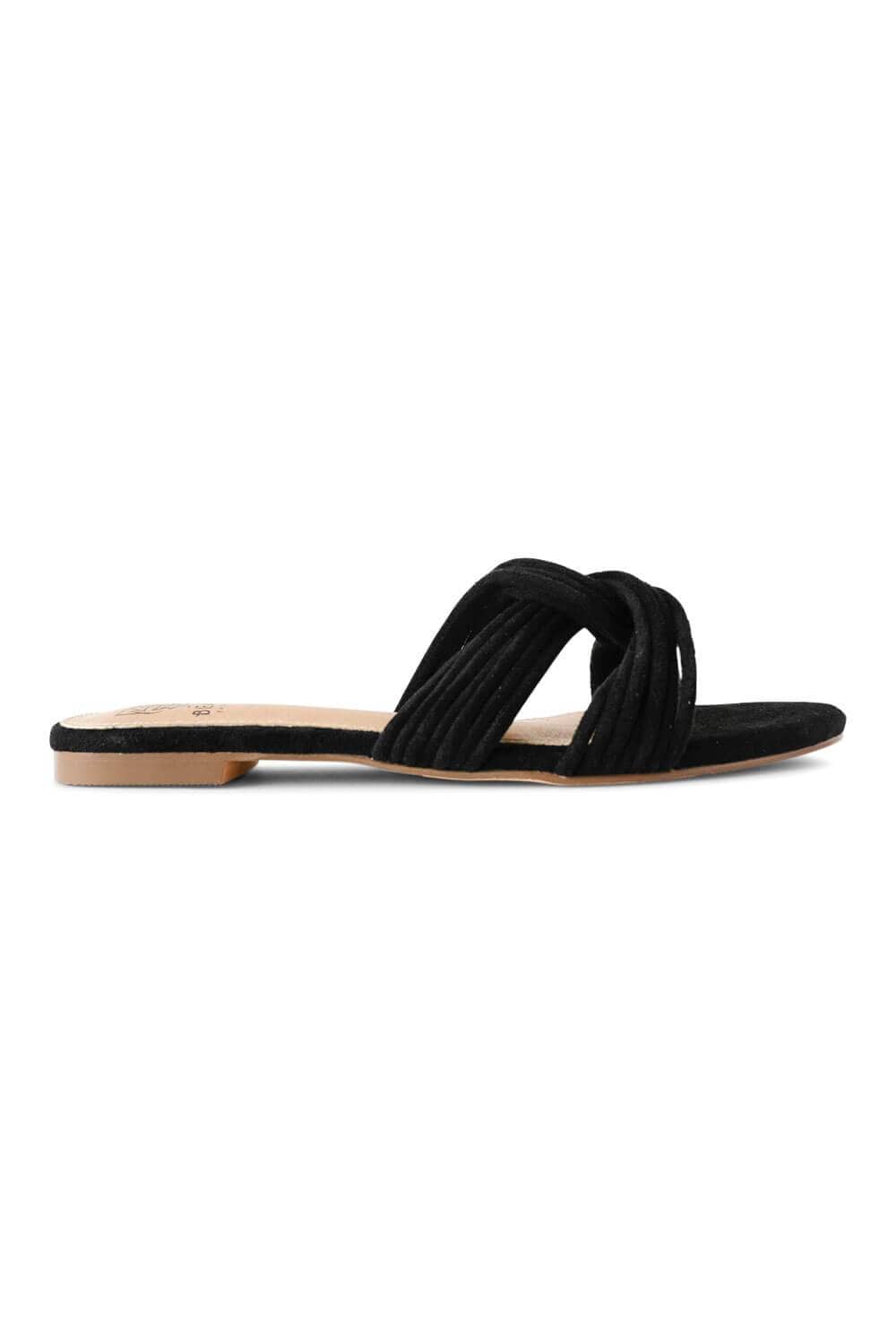Twist Knot Flat Sandal black side | MILK MONEY milkmoney.co | cute sandals for women. cute slides for women. trendy womens sandals. women sandals online. pretty sandals for women. cute slides womens.