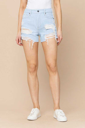 Two Tone Distressed High Rise Denim Shorts front | MILK MONEY milkmoney.co | jeans for women. blue jeans for women. cute denim shorts for women. trendy jeans. denim jeans for women. cute jeans for women. womens denim. 