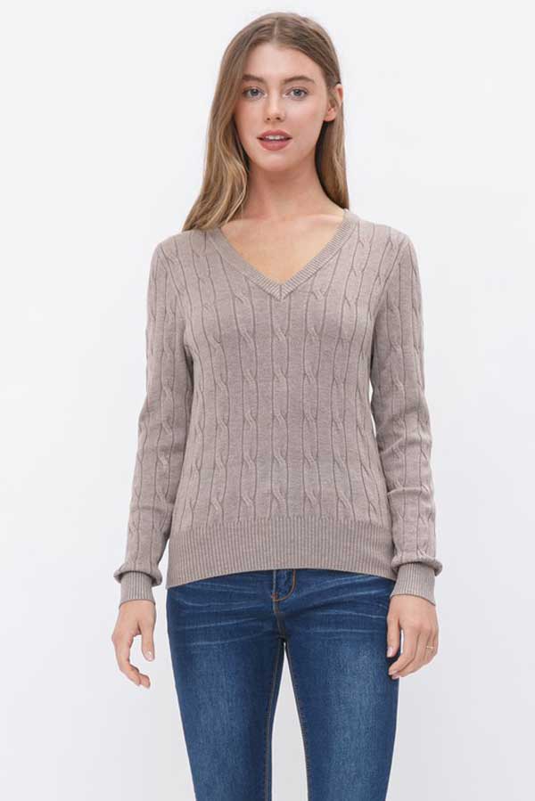 V-Neck Cable Knit Sweater camel front | MILK MONEY milkmoney.co | cute clothes for women. womens online clothing. trendy online clothing stores. womens casual clothing online. trendy clothes online. trendy women's clothing online. ladies online clothing stores. trendy women's clothing stores. cute female clothes.