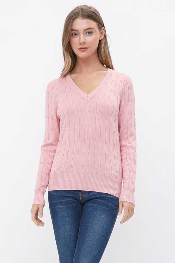 V-Neck Cable Knit Sweater pink front | MILK MONEY milkmoney.co | cute clothes for women. womens online clothing. trendy online clothing stores. womens casual clothing online. trendy clothes online. trendy women's clothing online. ladies online clothing stores. trendy women's clothing stores. cute female clothes.