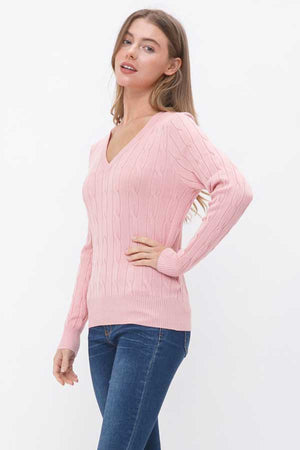 V-Neck Cable Knit Sweater pink side | MILK MONEY milkmoney.co | cute clothes for women. womens online clothing. trendy online clothing stores. womens casual clothing online. trendy clothes online. trendy women's clothing online. ladies online clothing stores. trendy women's clothing stores. cute female clothes.