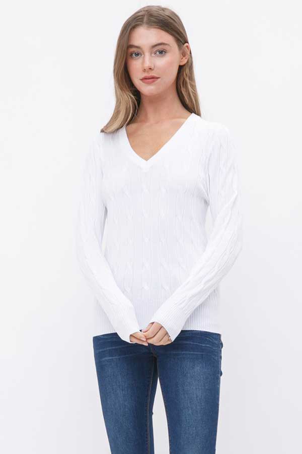 V-Neck Cable Knit Sweater white front | MILK MONEY milkmoney.co | cute clothes for women. womens online clothing. trendy online clothing stores. womens casual clothing online. trendy clothes online. trendy women's clothing online. ladies online clothing stores. trendy women's clothing stores. cute female clothes.