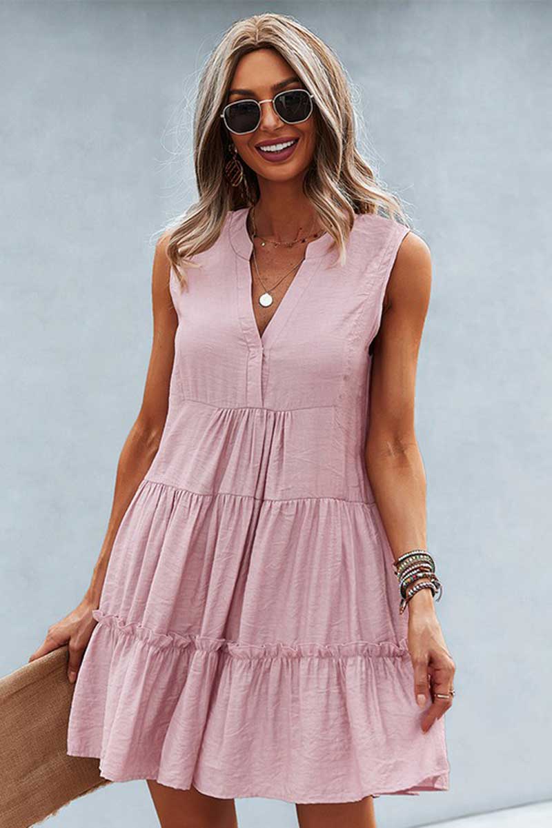 V Neck Ruffled Sleeveless Babydoll Dress pink front | MILK MONEY milkmoney.co | cute clothes for women. womens online clothing. trendy online clothing stores. womens casual clothing online. trendy clothes online. trendy women's clothing online. ladies online clothing stores. trendy women's clothing stores. cute female clothes.