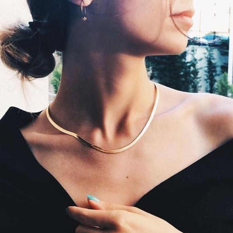 Women's Classic Herringbone Chain Necklace gold model | JEWELRY | MILK MONEY | milkmoney.co