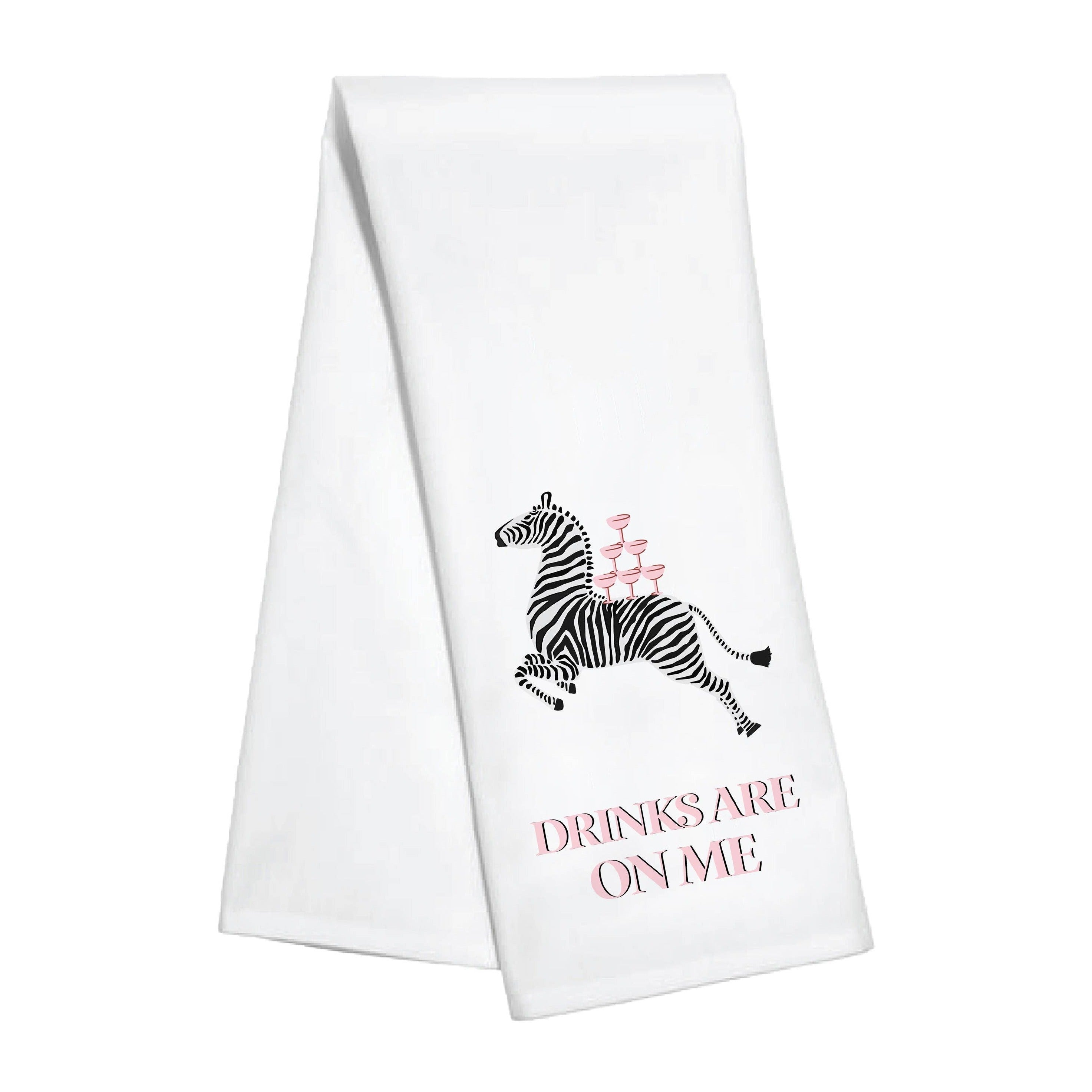 Drinks On Me Zebra Kitchen Towel front | MILK MONEY milkmoney.co | white elephant gift ideas, gift, mother's day gift ideas, white elephant gift, gift shops near me