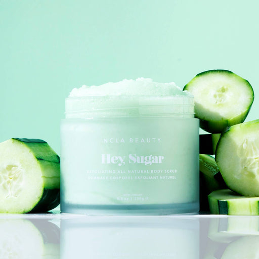 NCLA Beauty Hey, Sugar All Natural Body Scrub - Cucumber front | MILK MONEY milkmoney.co | natural skin care products. organic skin care. clean beauty products. organic skin care products. natural skincare. vegan skincare. organic skincare. organic beauty products. vegan cruelty free skincare. vegan skincare products