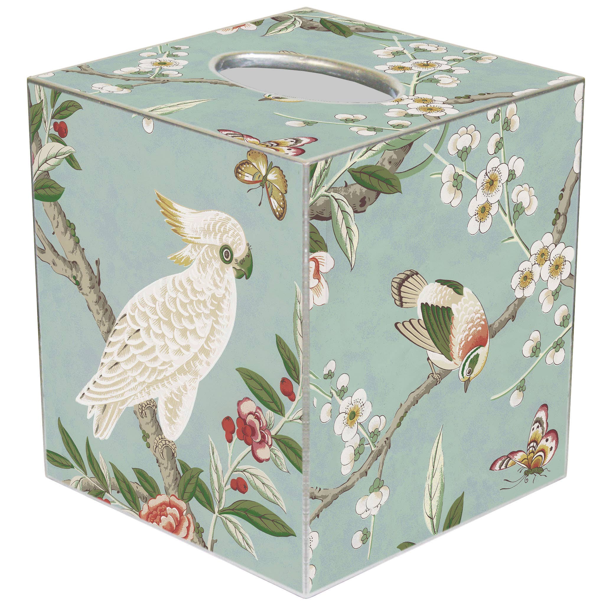 Birds & Bloom Paper Mache Tissue Box Cover front blue | MILK MONEY milkmoney.co | white elephant gift ideas, gift, mother's day gift ideas, white elephant gift, gift shops near me