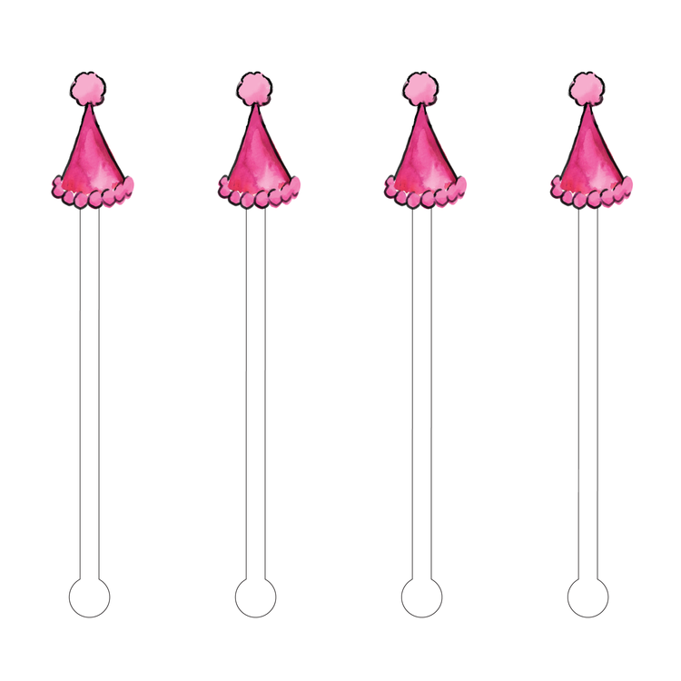 Pink Party Hat Acrylic Stir Sticks pink front | MILK MONEY milkmoney.co | cute gifts, cute party gifts, party favor